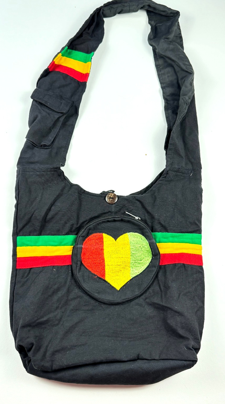 Om Sai Ram Craft CROSS-BODY PURSE - BLACK COTTON & COLOR EMBROIDERED;; RASTA
